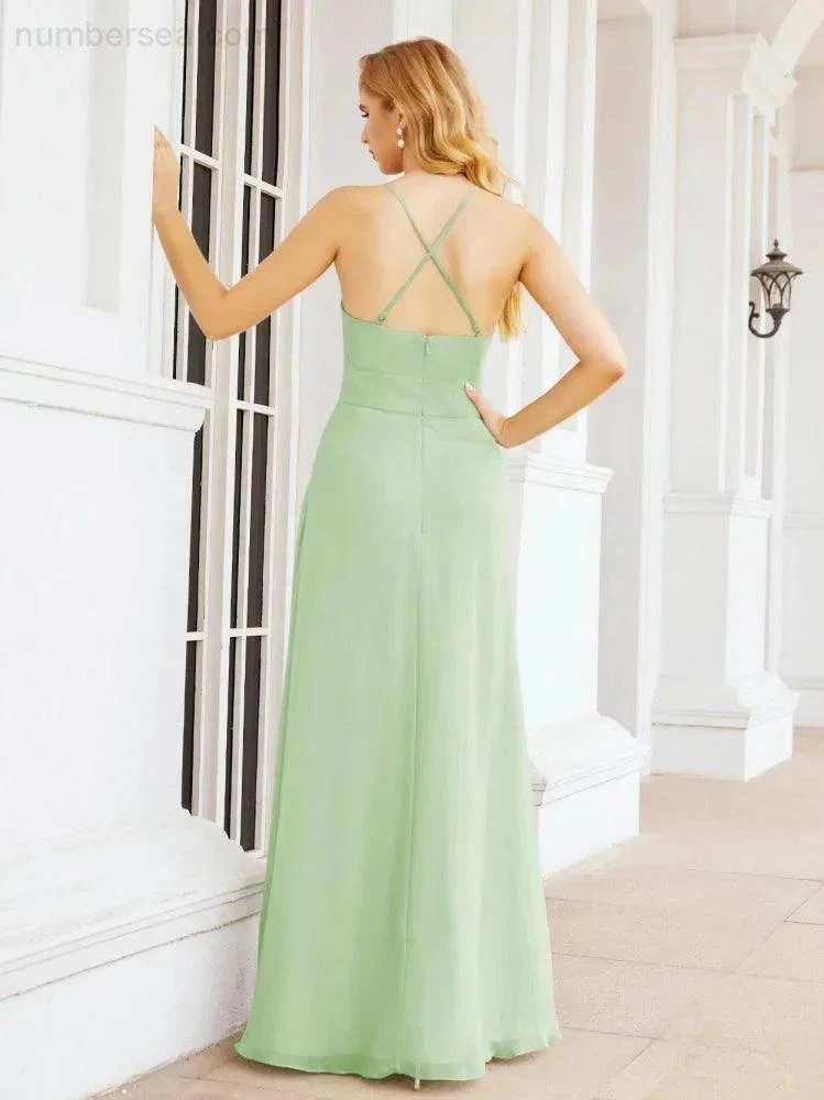 Numbersea Halter Bridesmaid Dresses with Pockets Sleeveless Formal Evening Party Prom Gowns  28055 - Image 10