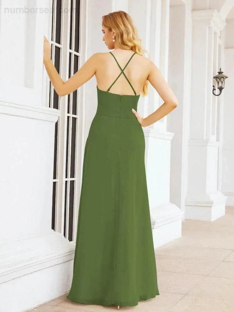 Numbersea Halter Bridesmaid Dresses with Pockets Sleeveless Formal Evening Party Prom Gowns  28055 - Image 14
