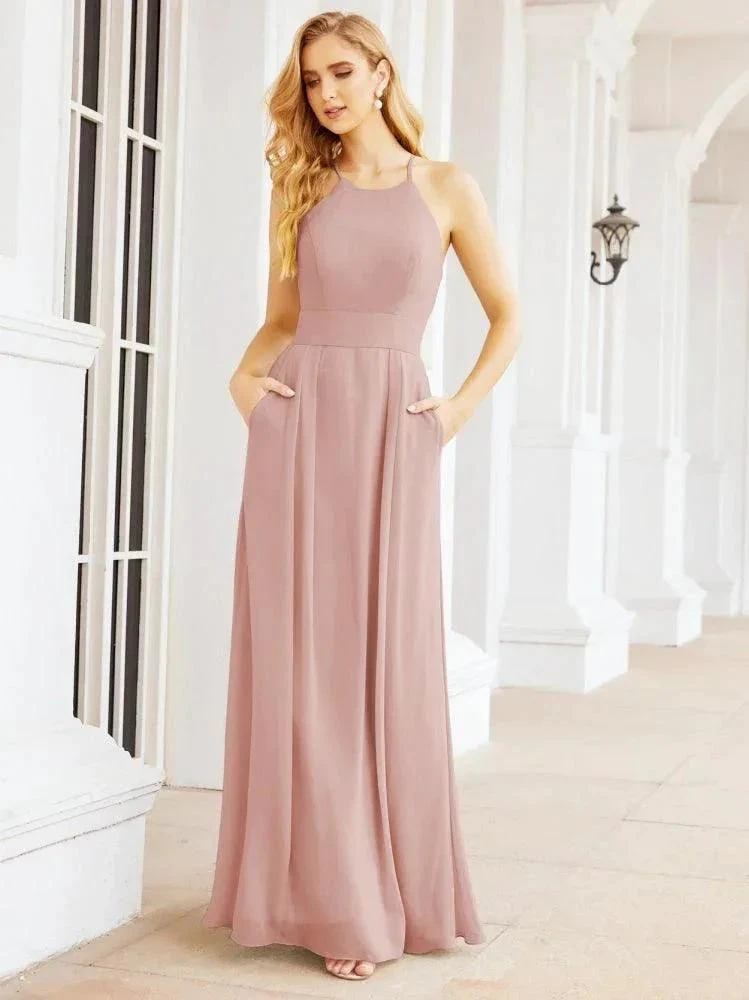 Numbersea Halter Bridesmaid Dresses with Pockets Sleeveless Formal Evening Party Prom Gowns  28055 - Image 17