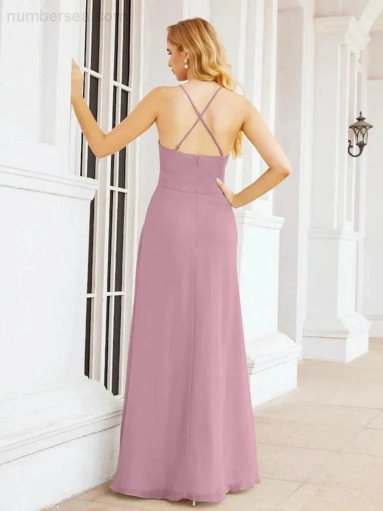 Numbersea Halter Bridesmaid Dresses with Pockets Sleeveless Formal Evening Party Prom Gowns  28055 - Image 2