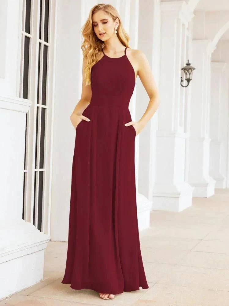 Numbersea Halter Bridesmaid Dresses with Pockets Sleeveless Formal Evening Party Prom Gowns  28055 - Image 23