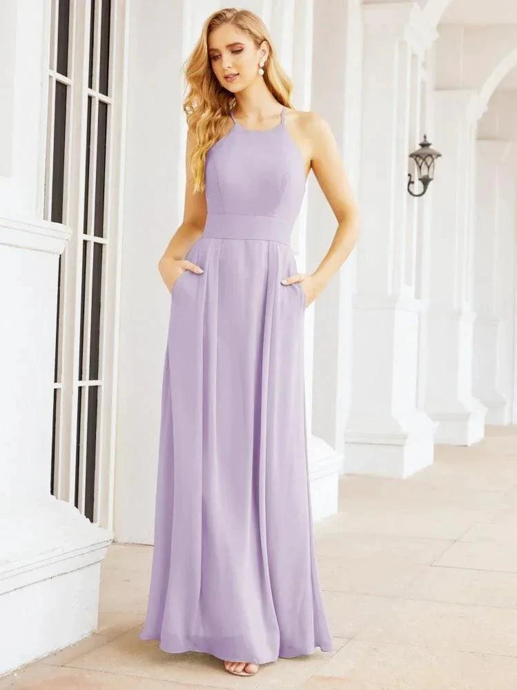 Numbersea Halter Bridesmaid Dresses with Pockets Sleeveless Formal Evening Party Prom Gowns  28055 - Image 27