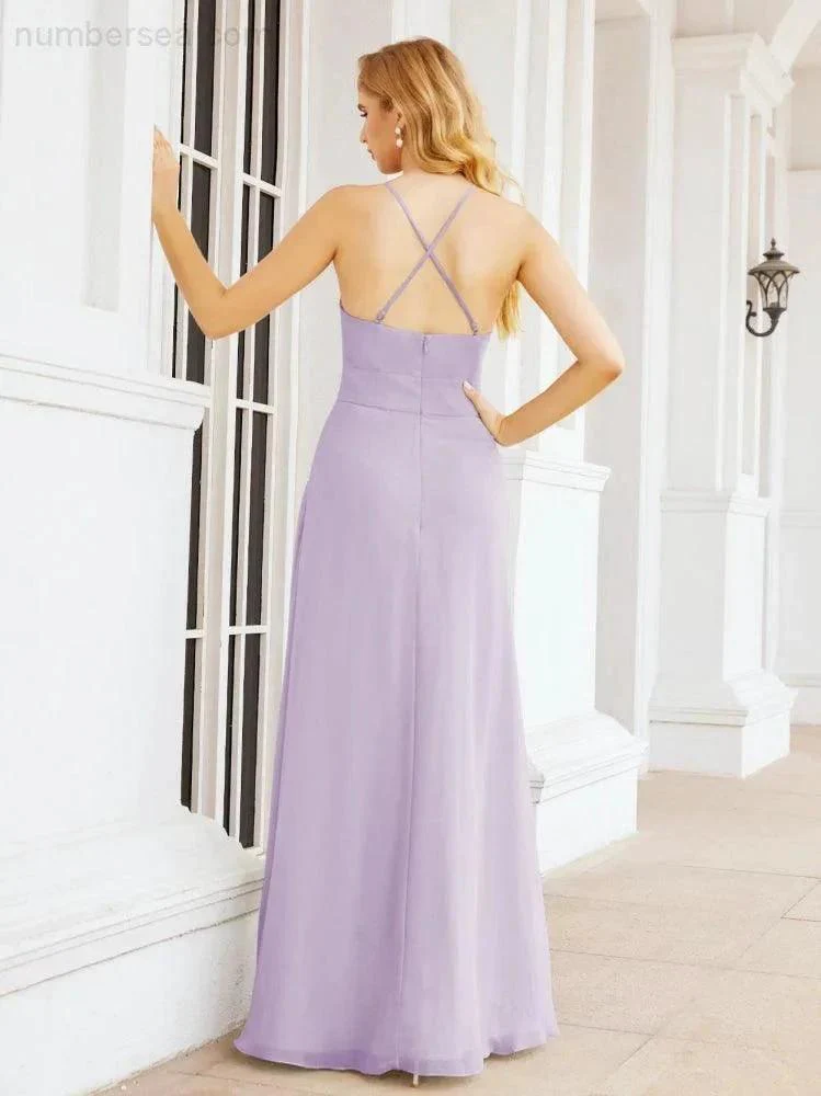 Numbersea Halter Bridesmaid Dresses with Pockets Sleeveless Formal Evening Party Prom Gowns  28055 - Image 28