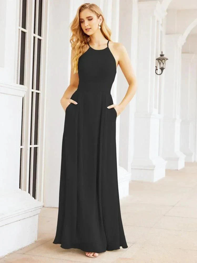 Numbersea Halter Bridesmaid Dresses with Pockets Sleeveless Formal Evening Party Prom Gowns  28055 - Image 29