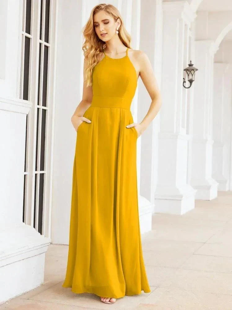 Numbersea Halter Bridesmaid Dresses with Pockets Sleeveless Formal Evening Party Prom Gowns  28055 - Image 3