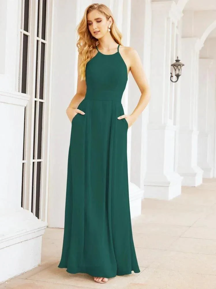 Numbersea Halter Bridesmaid Dresses with Pockets Sleeveless Formal Evening Party Prom Gowns  28055 - Image 33