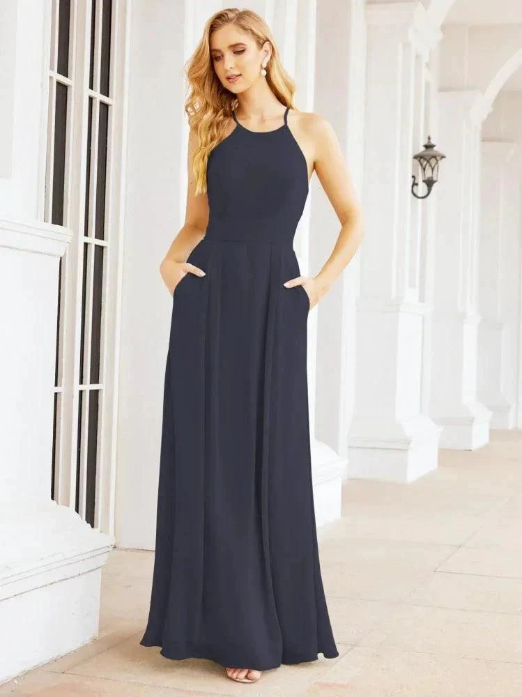 Numbersea Halter Bridesmaid Dresses with Pockets Sleeveless Formal Evening Party Prom Gowns  28055 - Image 35