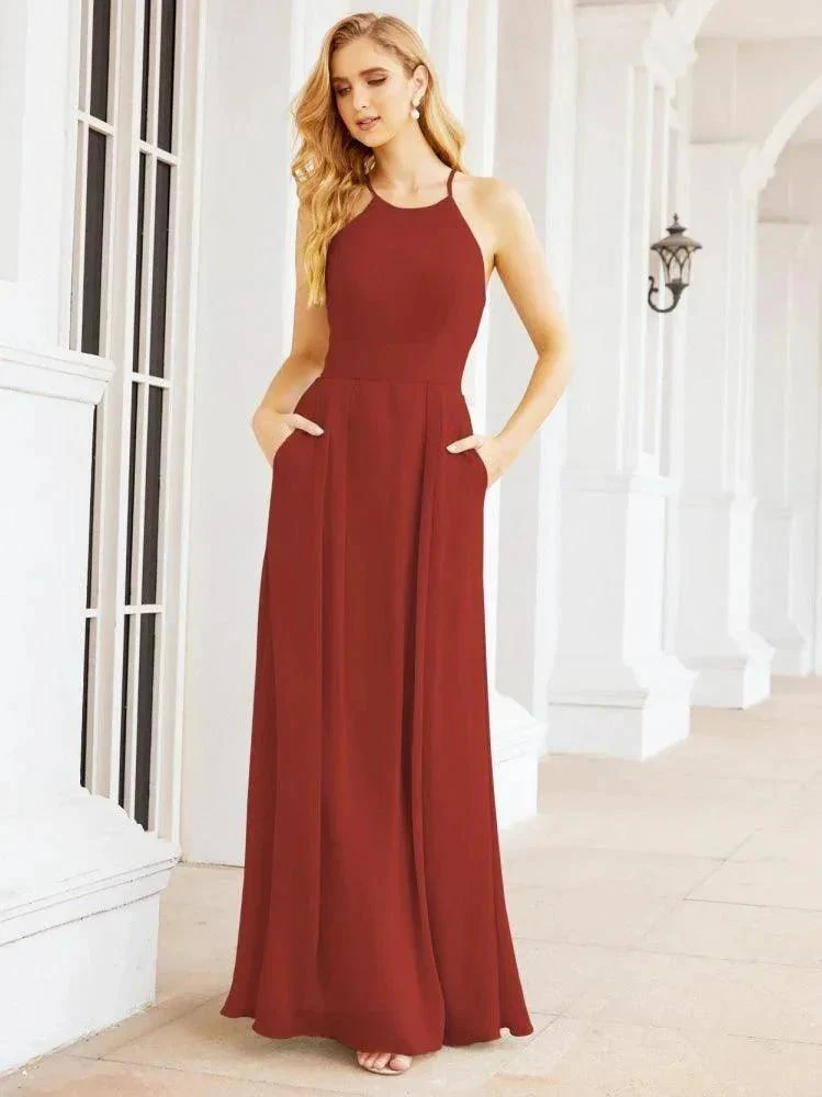 Numbersea Halter Bridesmaid Dresses with Pockets Sleeveless Formal Evening Party Prom Gowns  28055 - Image 37