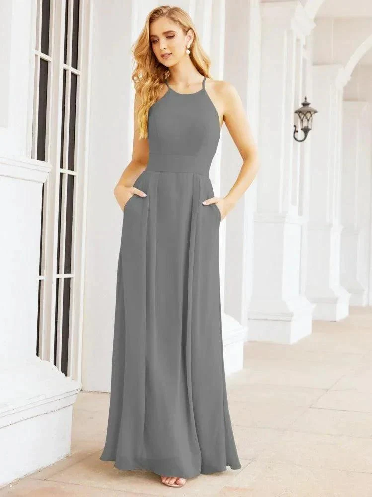 Numbersea Halter Bridesmaid Dresses with Pockets Sleeveless Formal Evening Party Prom Gowns  28055 - Image 39