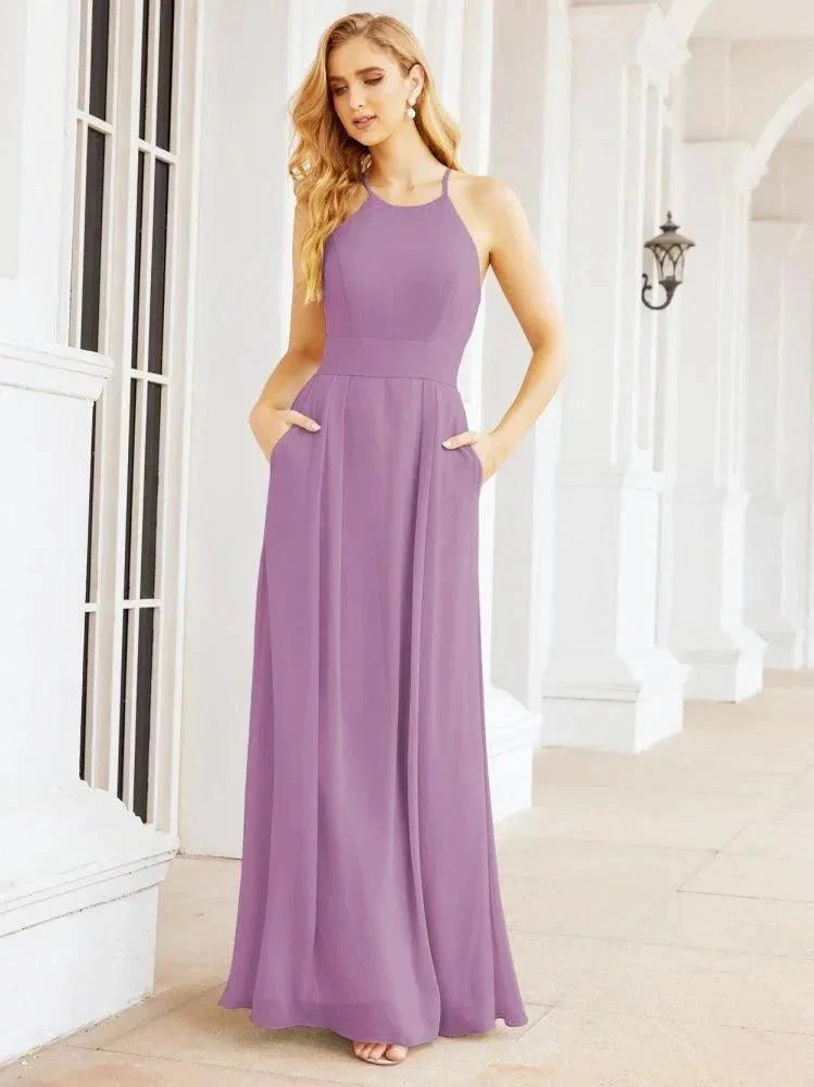Numbersea Halter Bridesmaid Dresses with Pockets Sleeveless Formal Evening Party Prom Gowns  28055 - Image 41