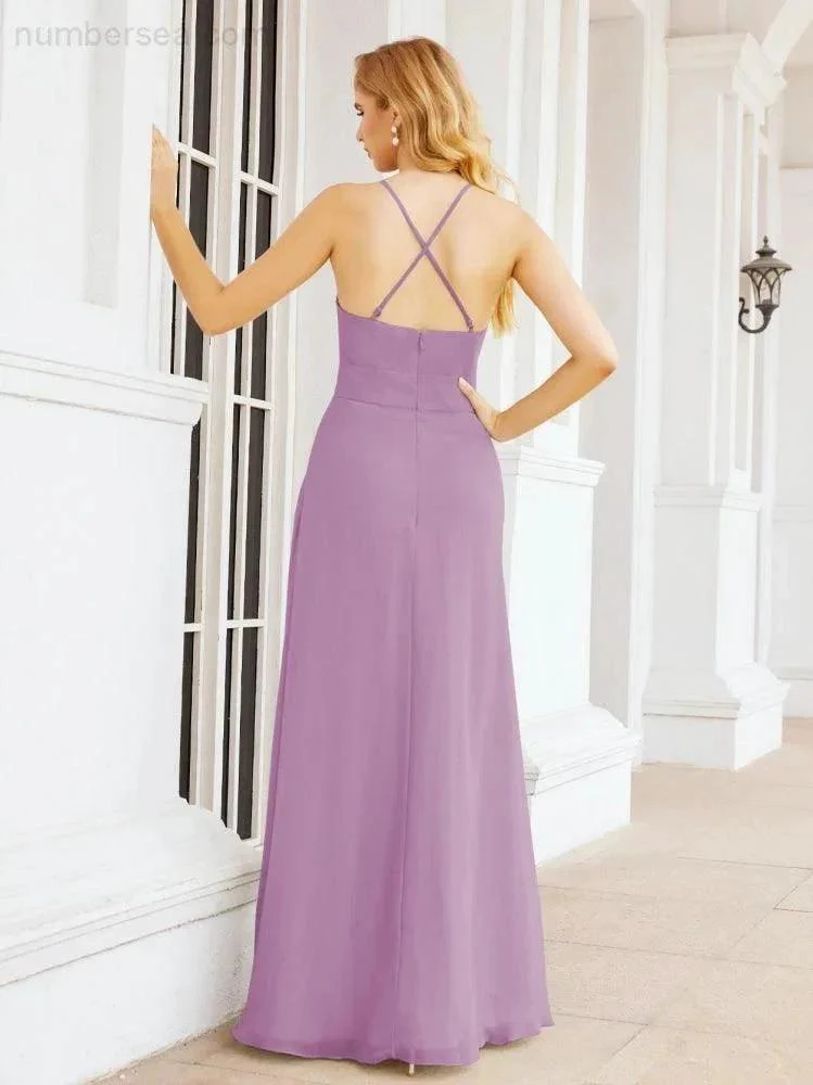 Numbersea Halter Bridesmaid Dresses with Pockets Sleeveless Formal Evening Party Prom Gowns  28055 - Image 42