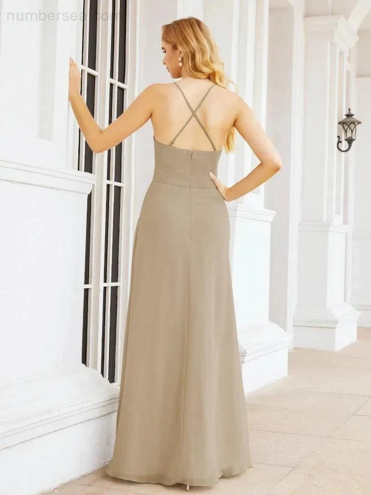 Numbersea Halter Bridesmaid Dresses with Pockets Sleeveless Formal Evening Party Prom Gowns  28055 - Image 48