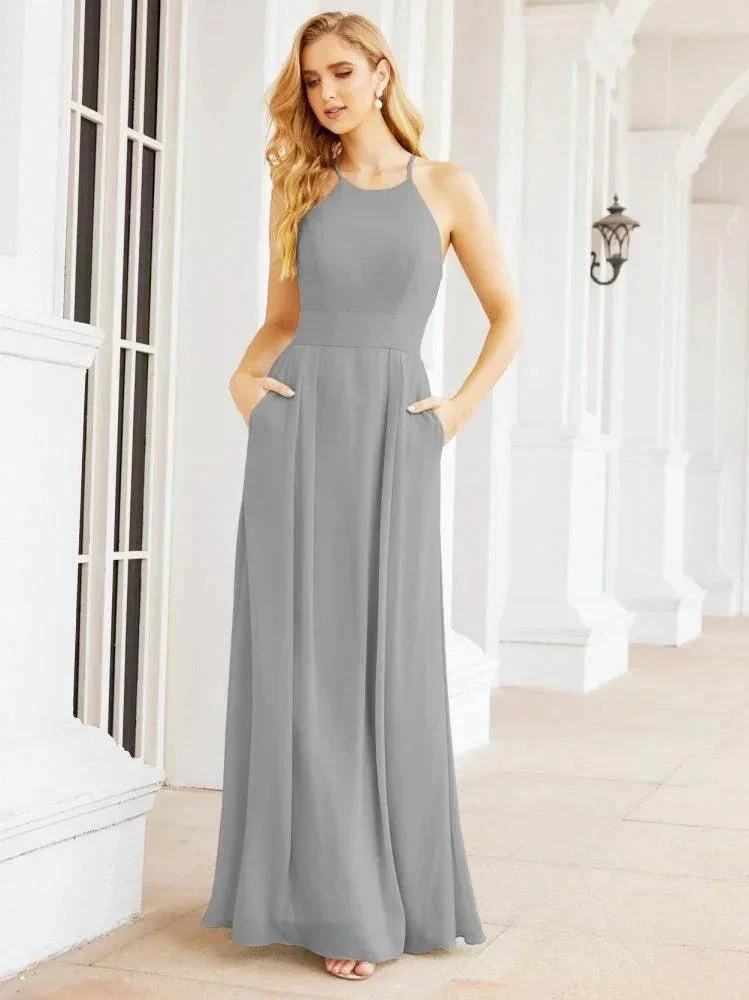 Numbersea Halter Bridesmaid Dresses with Pockets Sleeveless Formal Evening Party Prom Gowns  28055 - Image 49