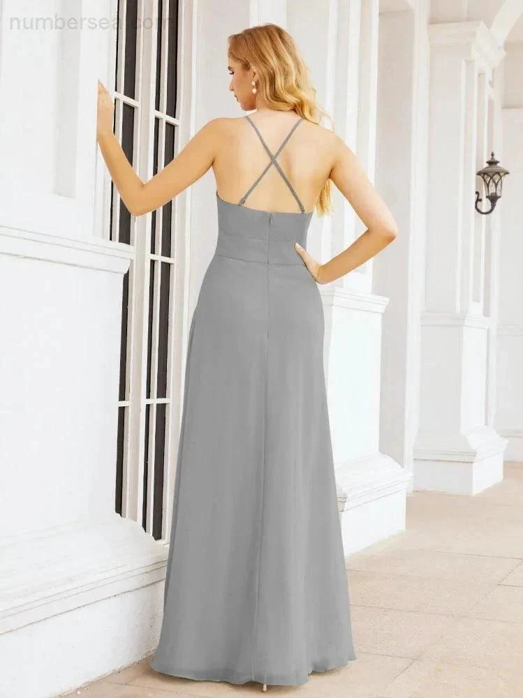 Numbersea Halter Bridesmaid Dresses with Pockets Sleeveless Formal Evening Party Prom Gowns  28055 - Image 50