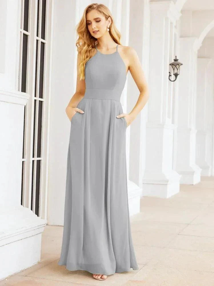 Numbersea Halter Bridesmaid Dresses with Pockets Sleeveless Formal Evening Party Prom Gowns  28055 - Image 53