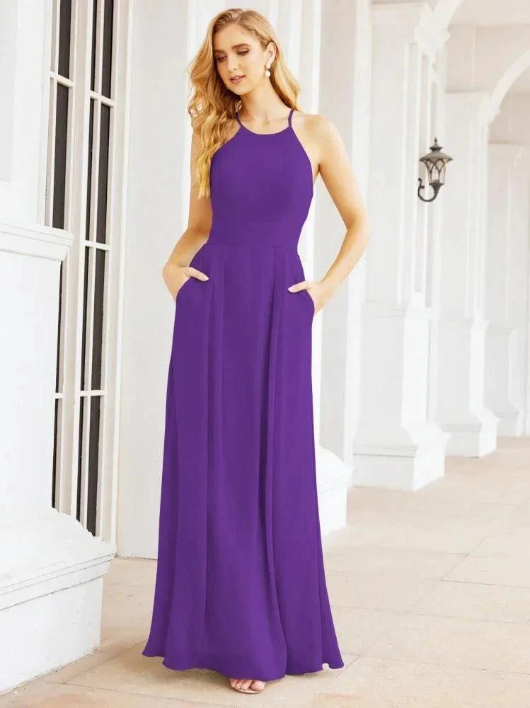 Numbersea Halter Bridesmaid Dresses with Pockets Sleeveless Formal Evening Party Prom Gowns  28055 - Image 55