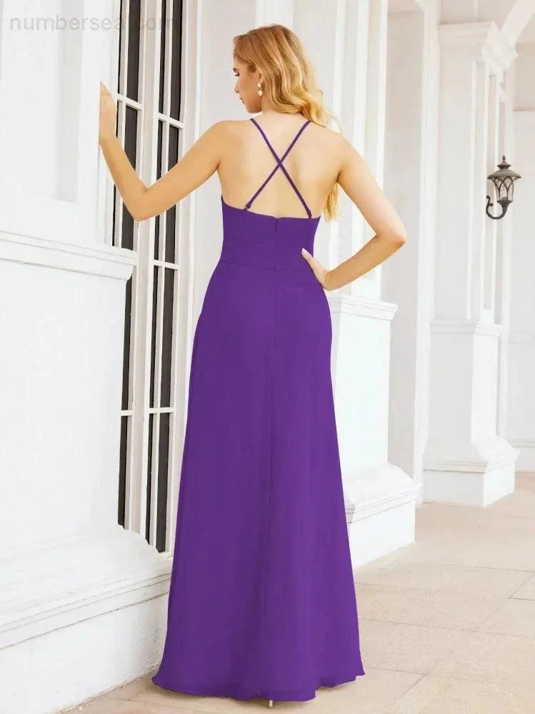 Numbersea Halter Bridesmaid Dresses with Pockets Sleeveless Formal Evening Party Prom Gowns  28055 - Image 56