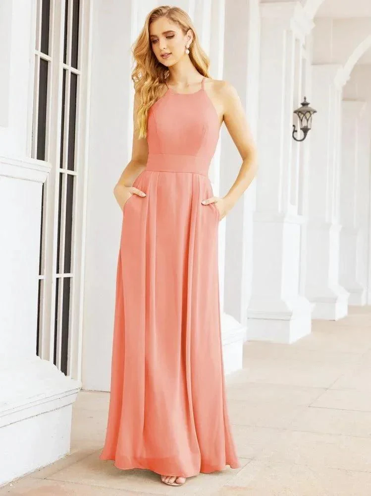 Numbersea Halter Bridesmaid Dresses with Pockets Sleeveless Formal Evening Party Prom Gowns  28055 - Image 57