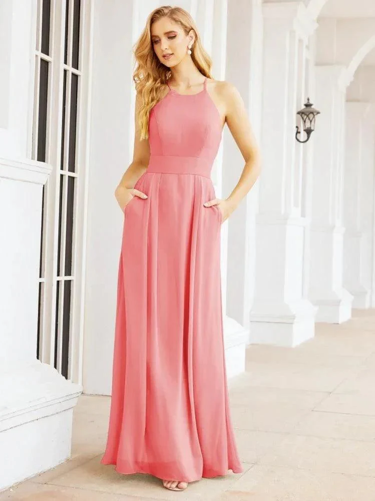 Numbersea Halter Bridesmaid Dresses with Pockets Sleeveless Formal Evening Party Prom Gowns  28055 - Image 59
