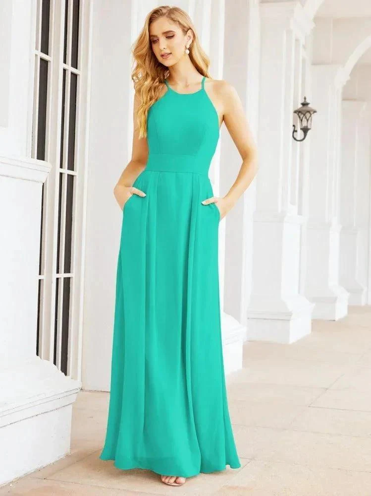 Numbersea Halter Bridesmaid Dresses with Pockets Sleeveless Formal Evening Party Prom Gowns  28055 - Image 63
