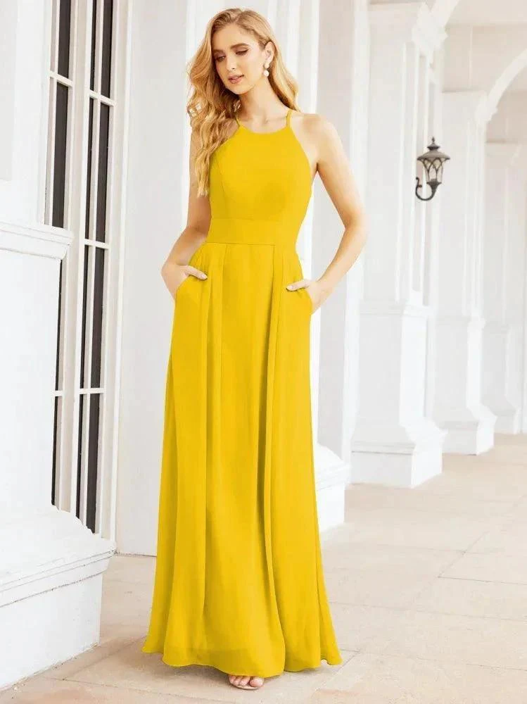 Numbersea Halter Bridesmaid Dresses with Pockets Sleeveless Formal Evening Party Prom Gowns  28055 - Image 65