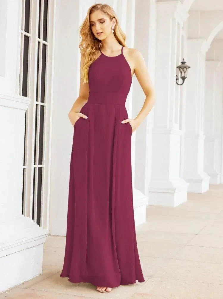 Numbersea Halter Bridesmaid Dresses with Pockets Sleeveless Formal Evening Party Prom Gowns  28055 - Image 67