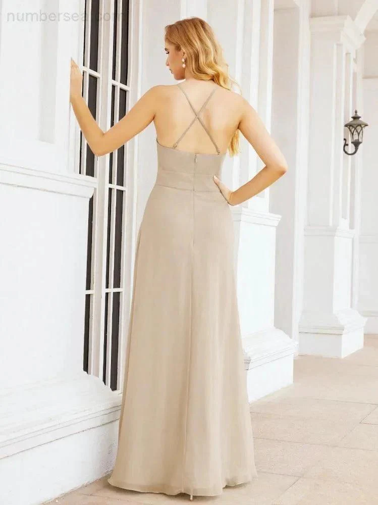 Numbersea Halter Bridesmaid Dresses with Pockets Sleeveless Formal Evening Party Prom Gowns  28055 - Image 70