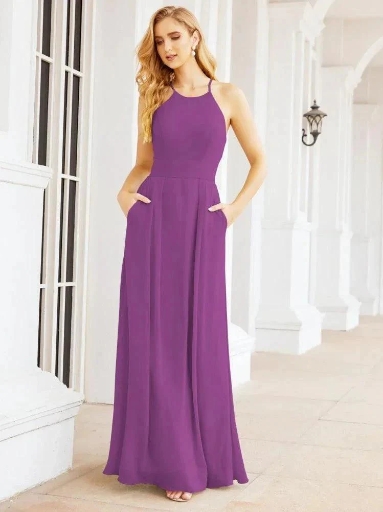 Numbersea Halter Bridesmaid Dresses with Pockets Sleeveless Formal Evening Party Prom Gowns  28055 - Image 71