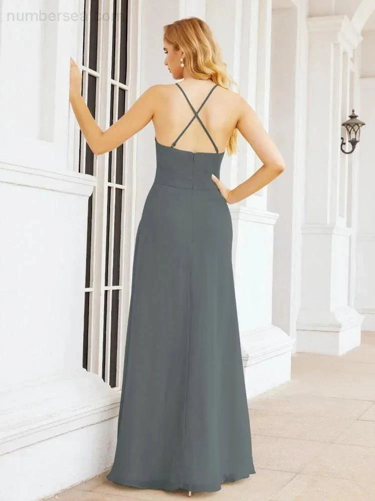 Numbersea Halter Bridesmaid Dresses with Pockets Sleeveless Formal Evening Party Prom Gowns  28055 - Image 76