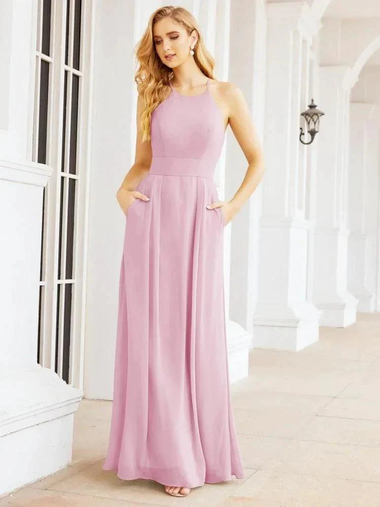 Numbersea Halter Bridesmaid Dresses with Pockets Sleeveless Formal Evening Party Prom Gowns  28055 - Image 77