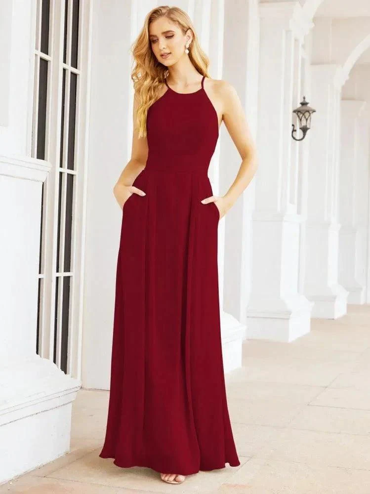 Numbersea Halter Bridesmaid Dresses with Pockets Sleeveless Formal Evening Party Prom Gowns  28055 - Image 81