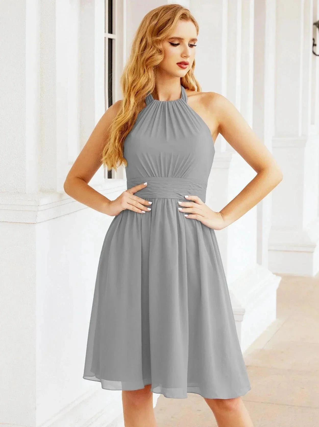 Numbersea Halter Chiffon Bridesmaid Dresses Short Sleeveless Formal Party Dress Open Back 28023 - Image 121