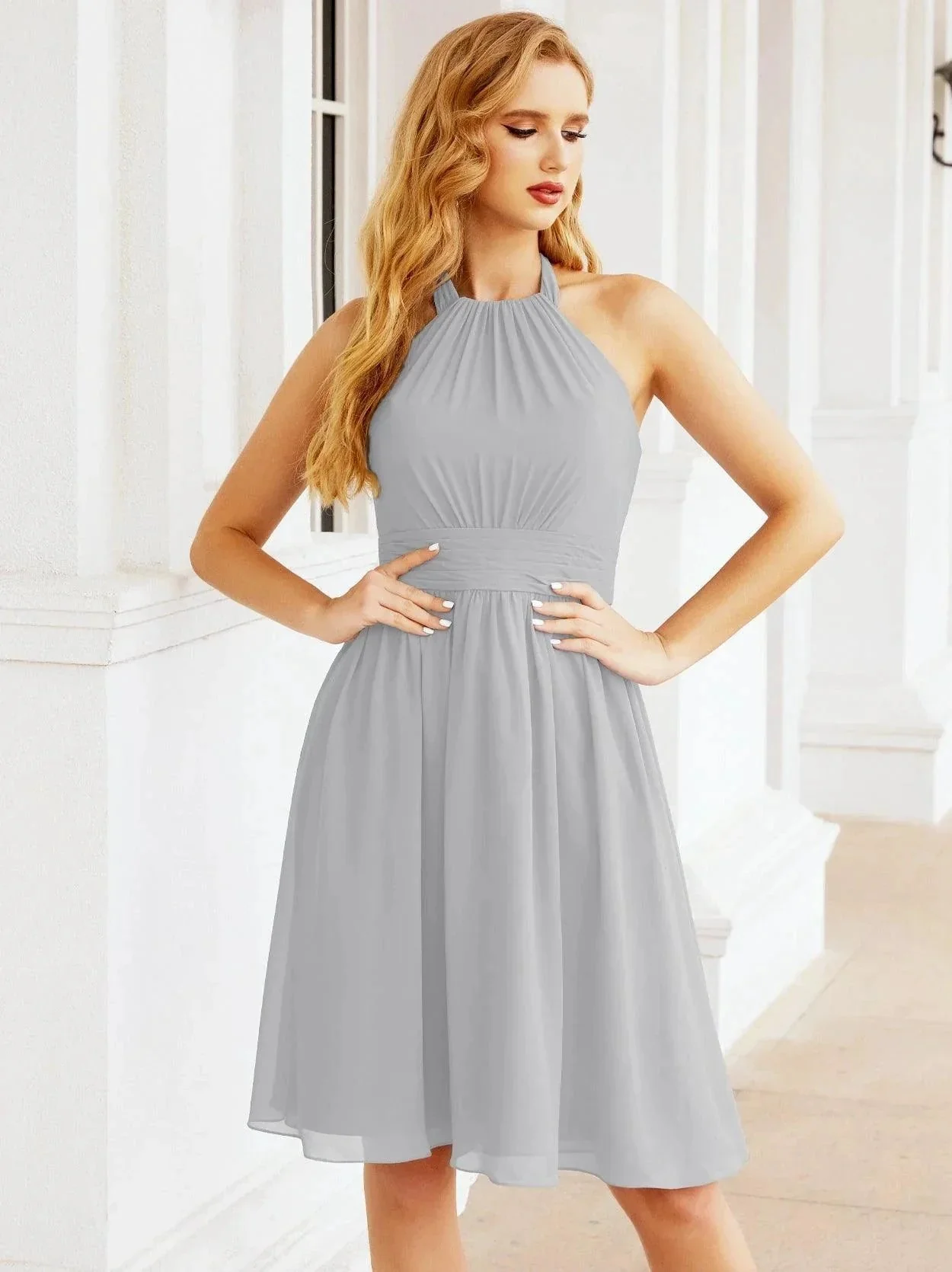 Numbersea Halter Chiffon Bridesmaid Dresses Short Sleeveless Formal Party Dress Open Back 28023 - Image 130
