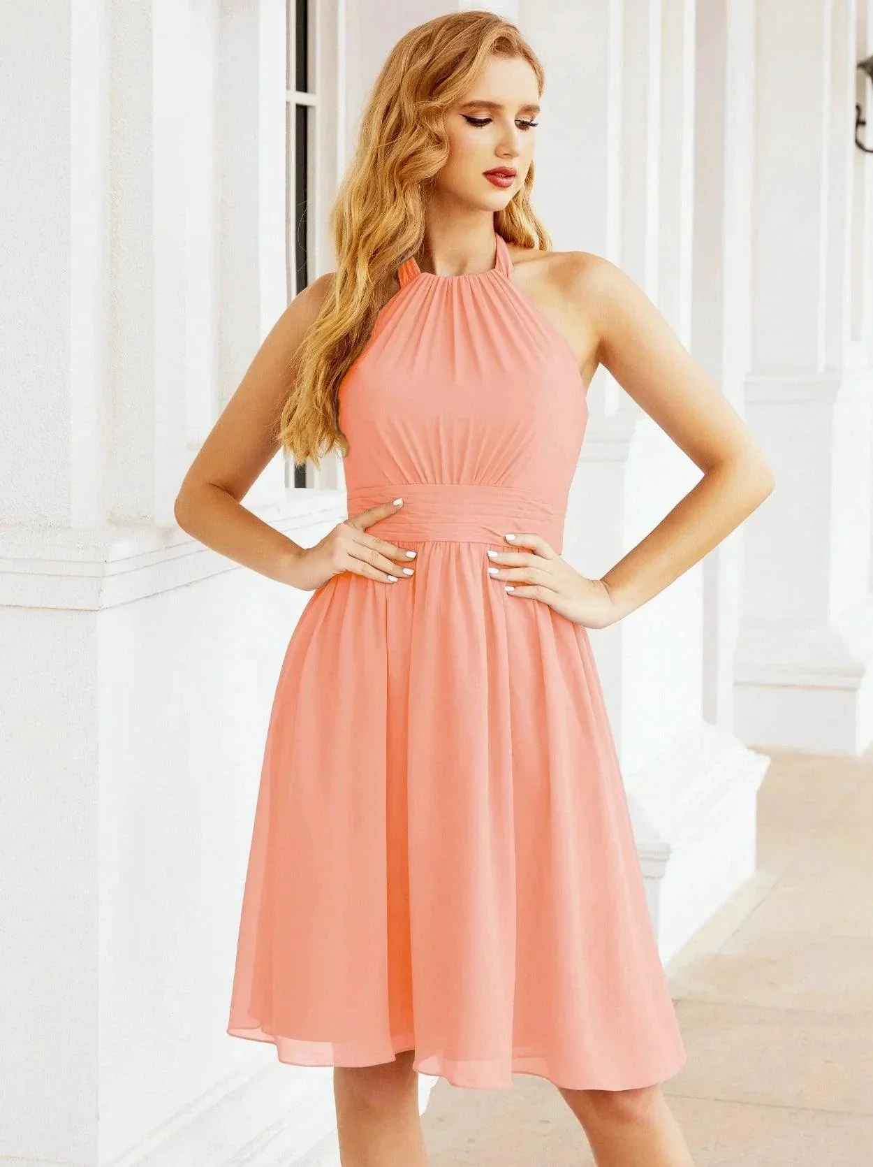 Numbersea Halter Chiffon Bridesmaid Dresses Short Sleeveless Formal Party Dress Open Back 28023 - Image 140