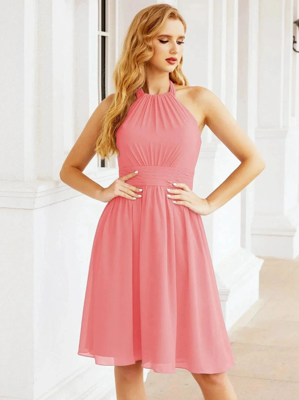 Numbersea Halter Chiffon Bridesmaid Dresses Short Sleeveless Formal Party Dress Open Back 28023 - Image 145