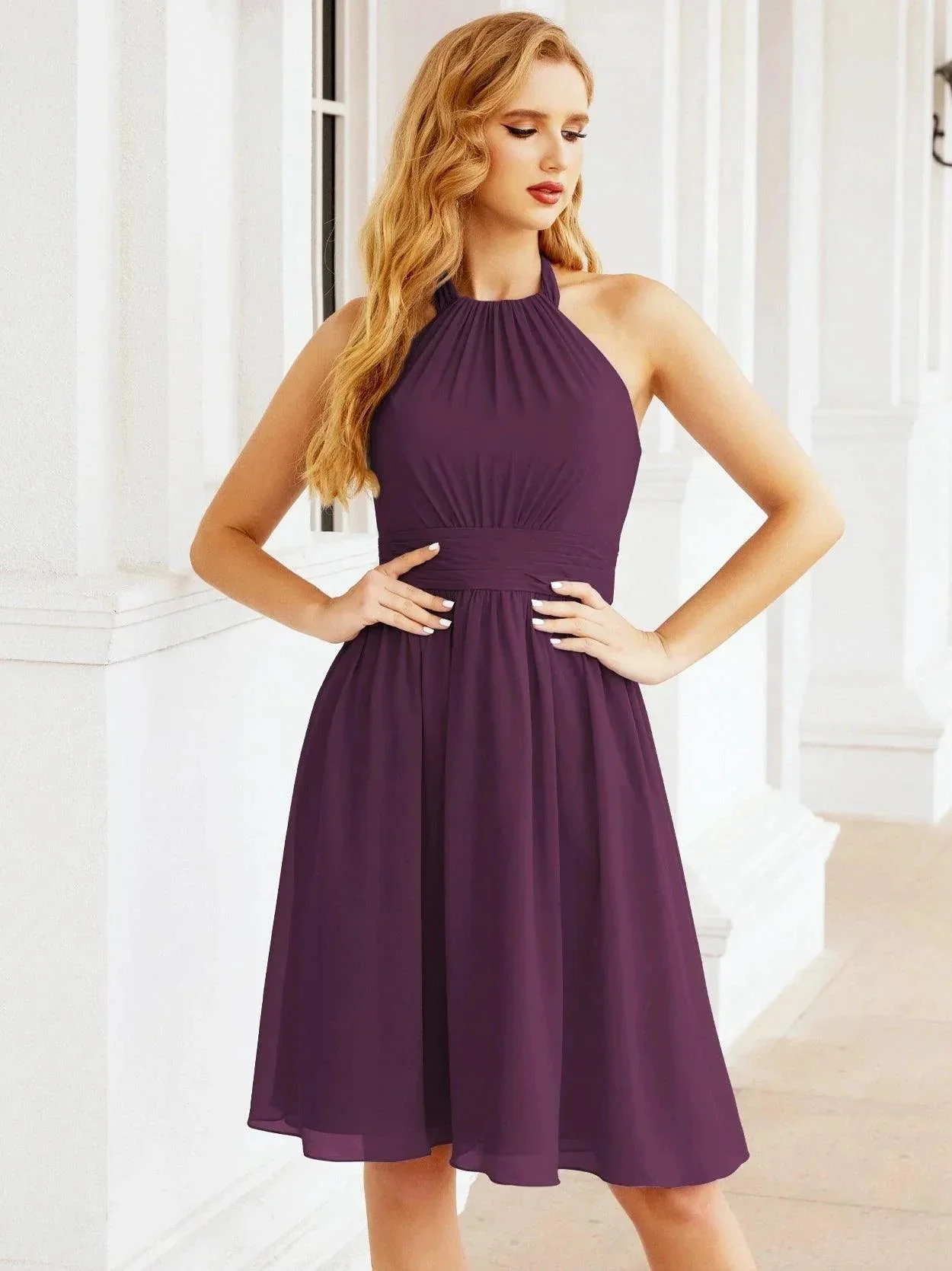 Numbersea Halter Chiffon Bridesmaid Dresses Short Sleeveless Formal Party Dress Open Back 28023 - Image 150