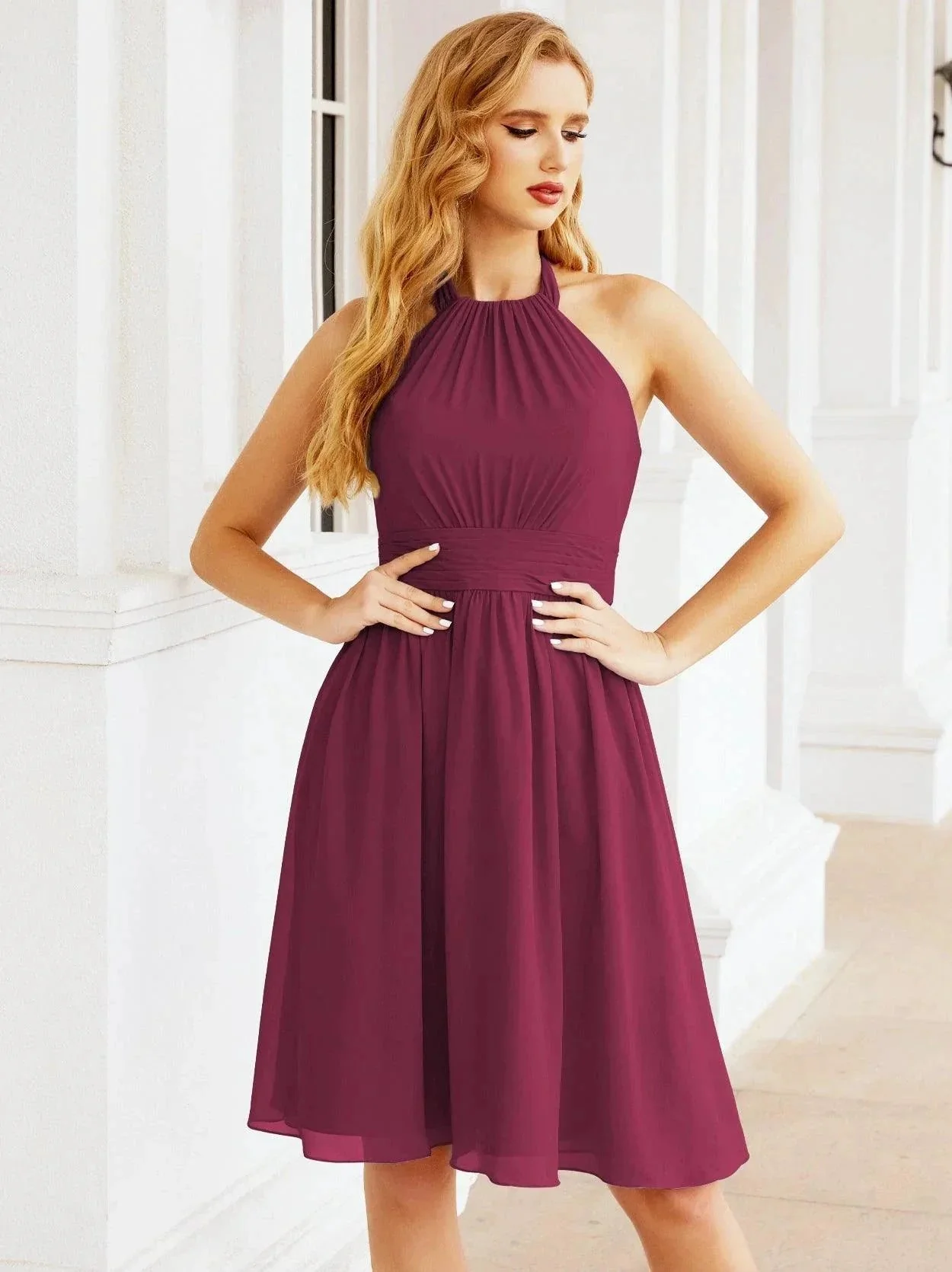 Numbersea Halter Chiffon Bridesmaid Dresses Short Sleeveless Formal Party Dress Open Back 28023 - Image 164