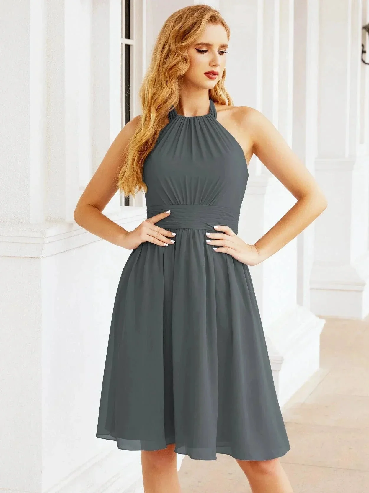 Numbersea Halter Chiffon Bridesmaid Dresses Short Sleeveless Formal Party Dress Open Back 28023 - Image 184