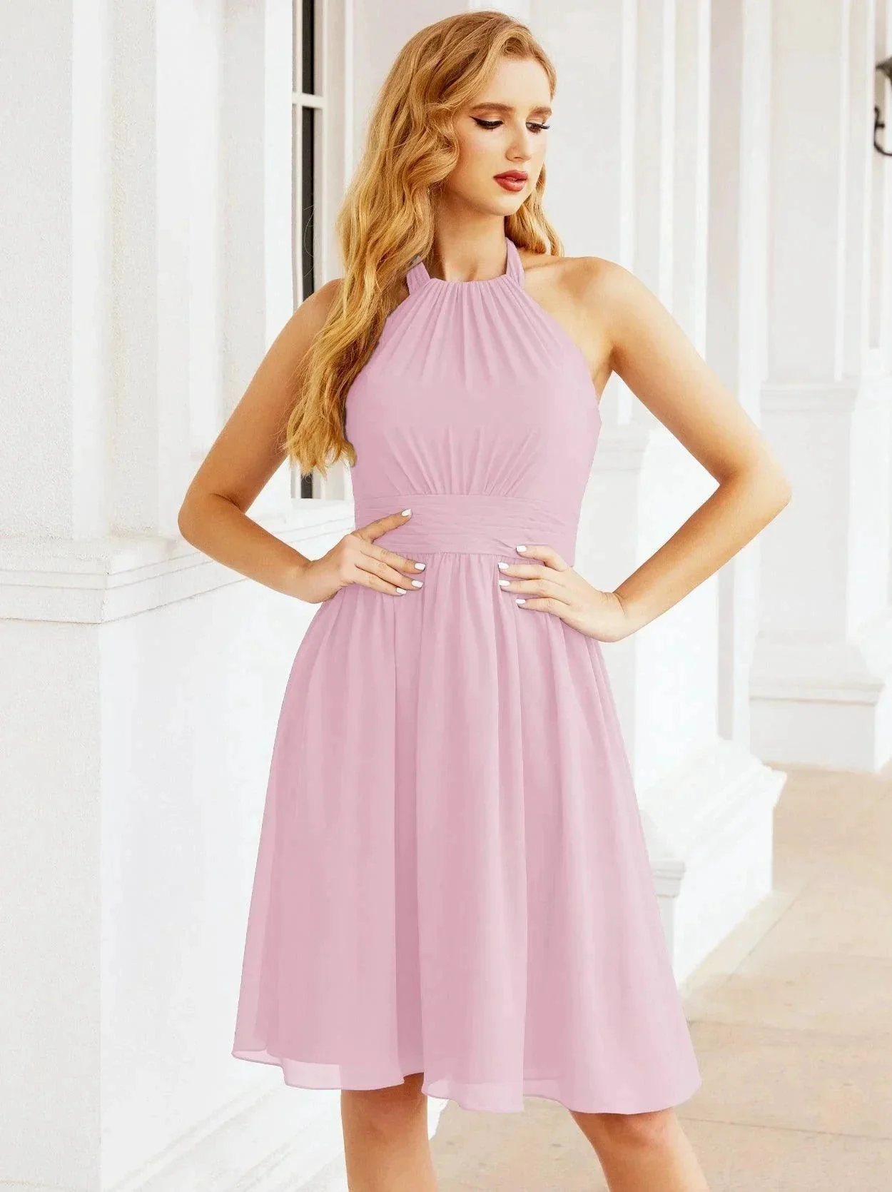 Numbersea Halter Chiffon Bridesmaid Dresses Short Sleeveless Formal Party Dress Open Back 28023 - Image 188