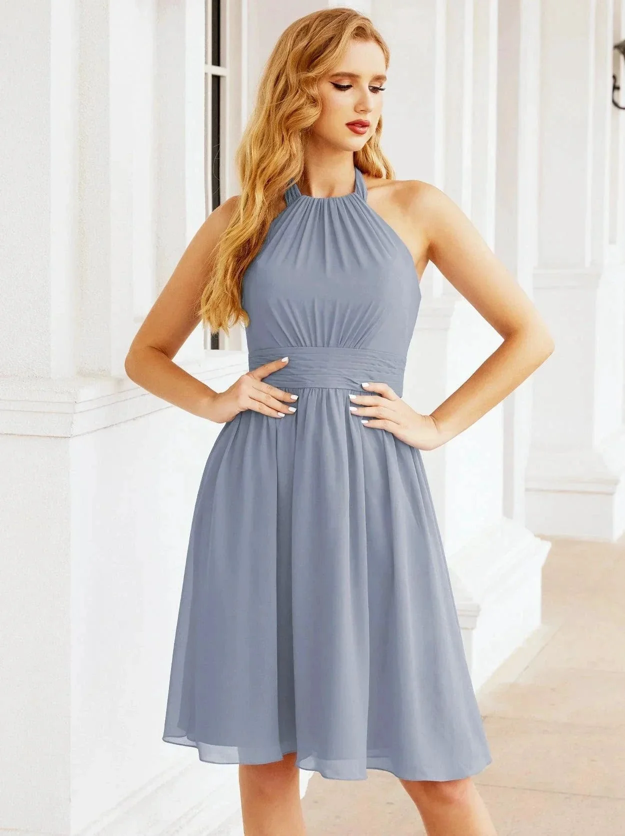 Numbersea Halter Chiffon Bridesmaid Dresses Short Sleeveless Formal Party Dress Open Back 28023 - Image 19