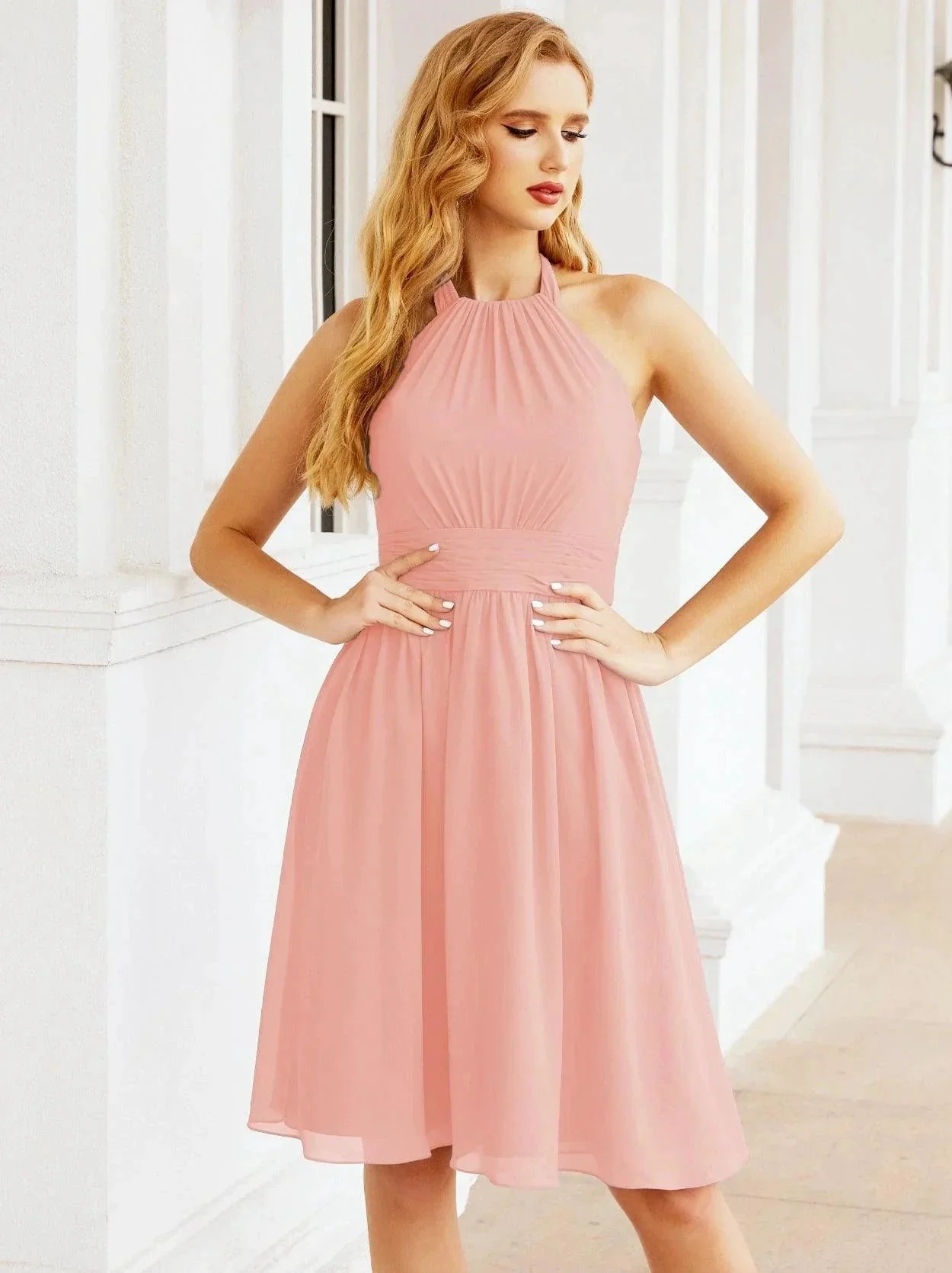 Numbersea Halter Chiffon Bridesmaid Dresses Short Sleeveless Formal Party Dress Open Back 28023 - Image 192