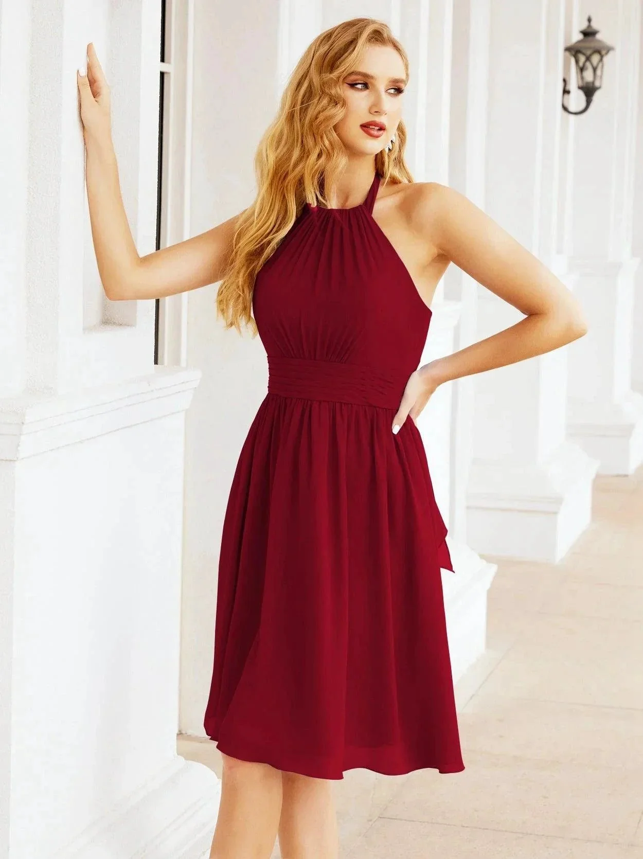 Numbersea Halter Chiffon Bridesmaid Dresses Short Sleeveless Formal Party Dress Open Back 28023 - Image 195