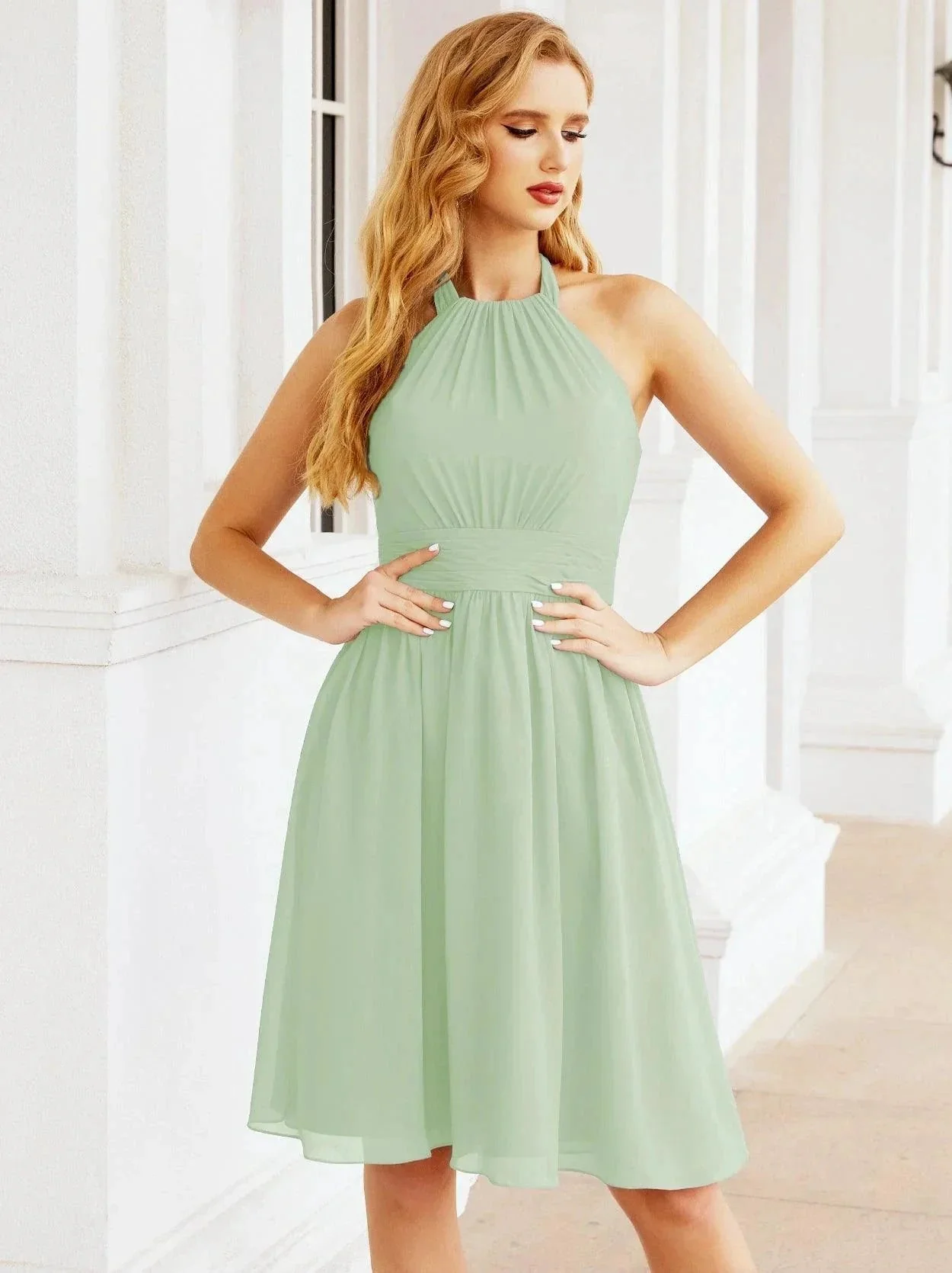 Numbersea Halter Chiffon Bridesmaid Dresses Short Sleeveless Formal Party Dress Open Back 28023 - Image 24