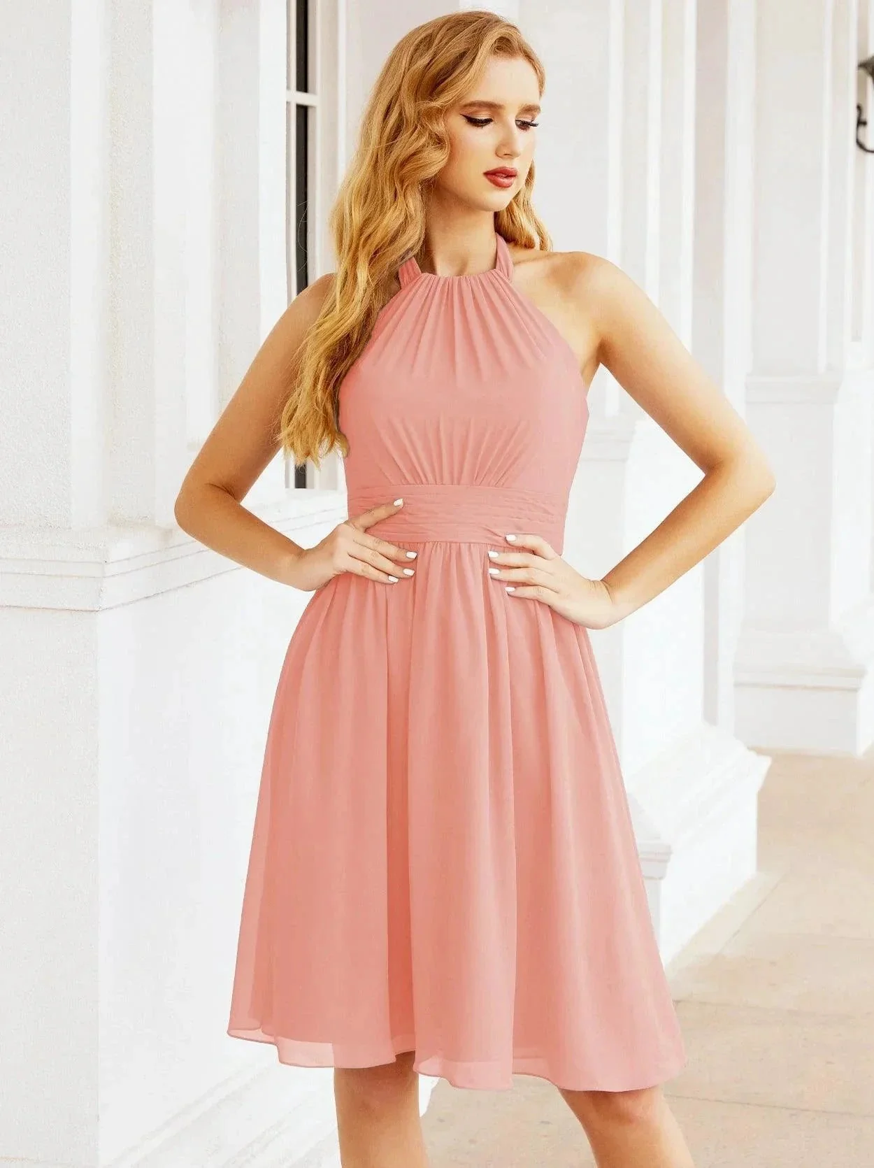Numbersea Halter Chiffon Bridesmaid Dresses Short Sleeveless Formal Party Dress Open Back 28023 - Image 29