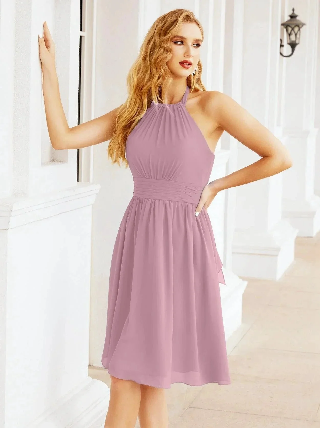 Numbersea Halter Chiffon Bridesmaid Dresses Short Sleeveless Formal Party Dress Open Back 28023 - Image 3
