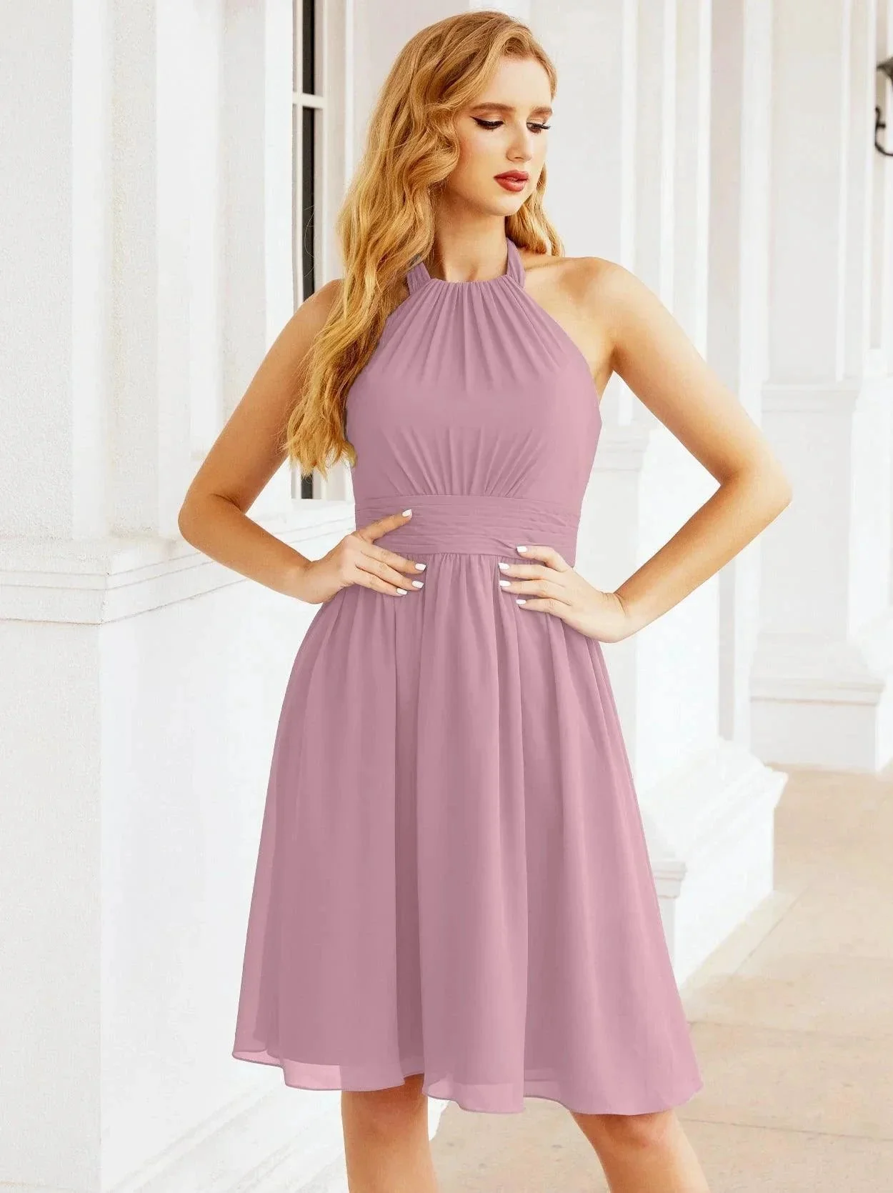 Numbersea Halter Chiffon Bridesmaid Dresses Short Sleeveless Formal Party Dress Open Back 28023 - Image 5
