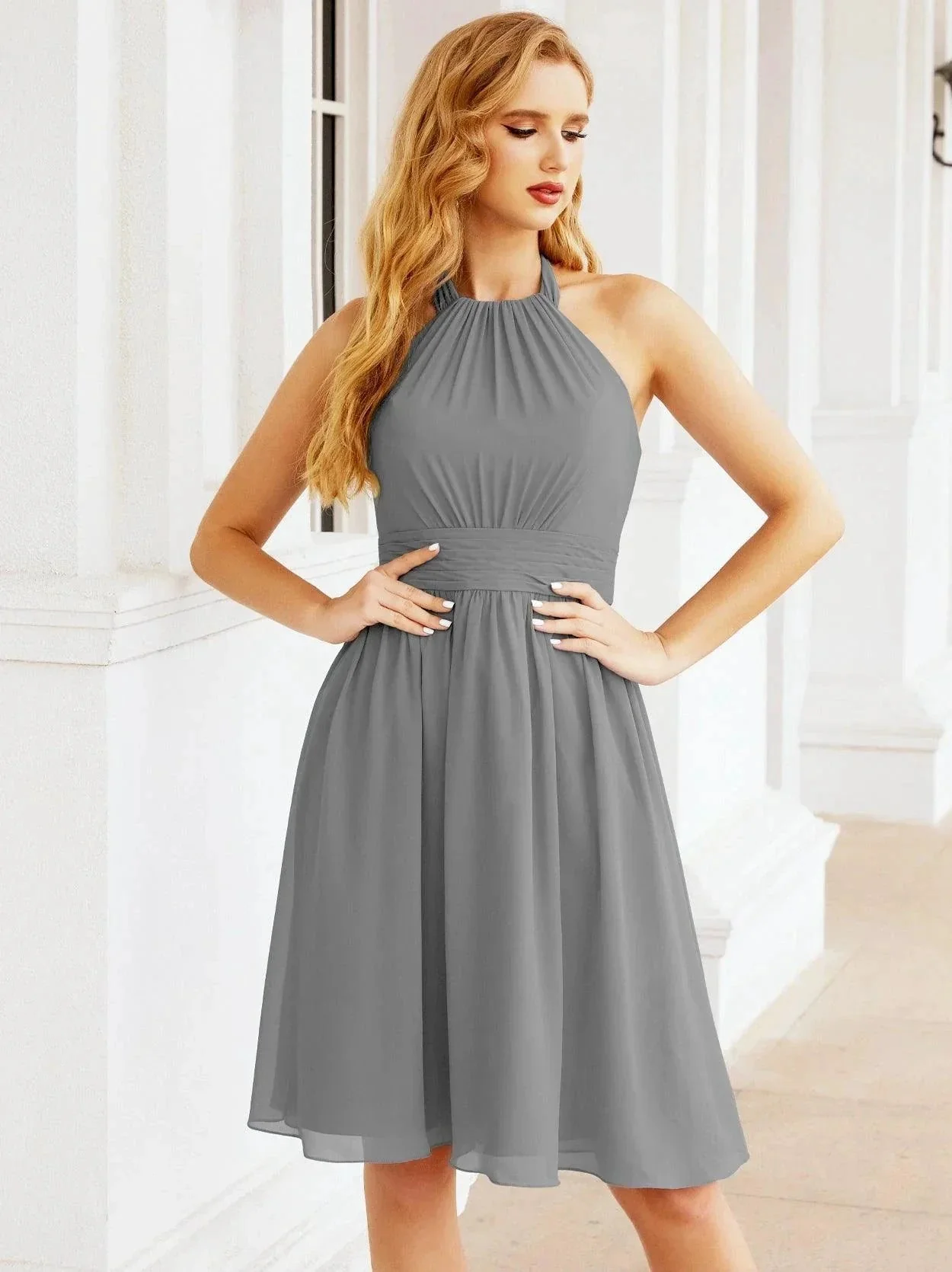 Numbersea Halter Chiffon Bridesmaid Dresses Short Sleeveless Formal Party Dress Open Back 28023 - Image 96