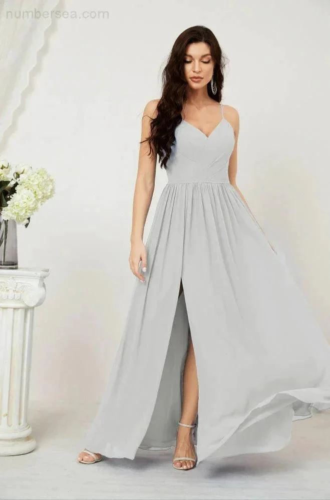 Numbersea  Neck Bridesmaid Dresses Chiffon Long Spaghetti A-line Formal Prom Gown for Wedding Party Evening 2801 - Image 107