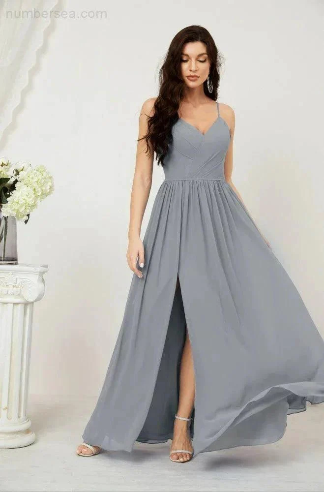 Numbersea  Neck Bridesmaid Dresses Chiffon Long Spaghetti A-line Formal Prom Gown for Wedding Party Evening 2801 - Image 11