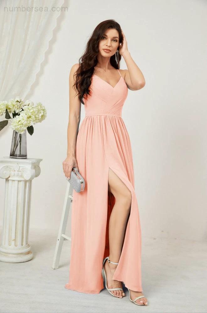 Numbersea  Neck Bridesmaid Dresses Chiffon Long Spaghetti A-line Formal Prom Gown for Wedding Party Evening 2801 - Image 116